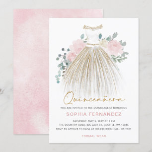 Blush Roze gouden glitter Bloemen Jurk Quinceañera Kaart