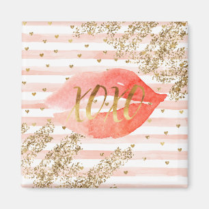Blush roze gouden harten XOXO glitter lippen Magneet