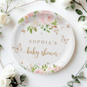 Blush roze, gouden vlinders baby shower papieren bordje
