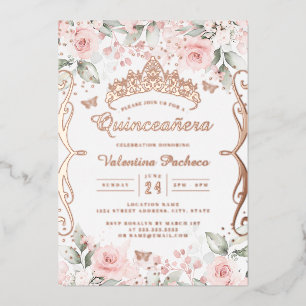 Blush Roze Goudkleurige Quinceanera  Folie Uitnodiging