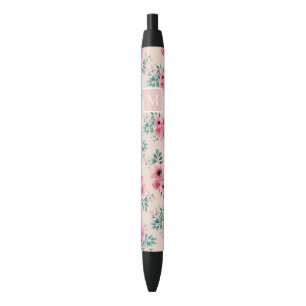 Blush roze Grafische Waterverf Floral Monogram Zwarte Inkt Pen