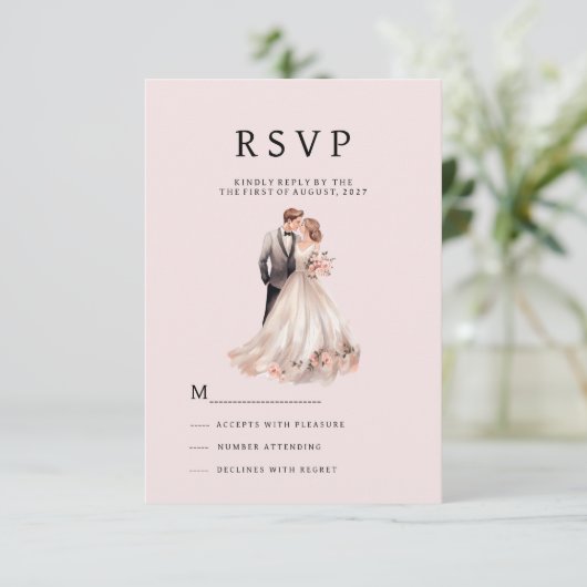 Blush roze grijs bloemenpaar foto RSVP Kaart (Staand voorkant)