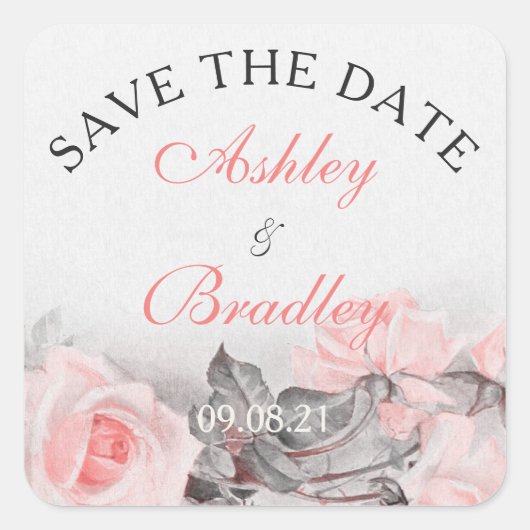  Blush Roze Grijs Roos Bruiloft Save the Date Vierkante Sticker (Voorkant)