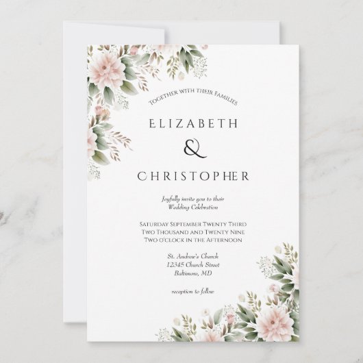 Blush roze groen bloemenelegante bruiloft kaart (Voorkant)