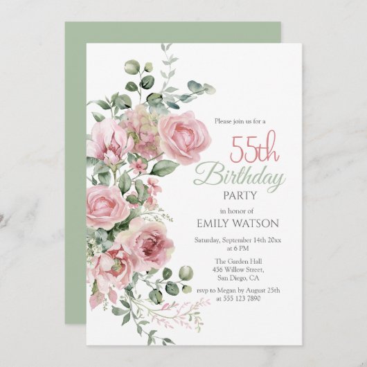 Blush Roze Groen Eucalypt 55e Verjaardag Kaart (Voorkant / Achterkant)