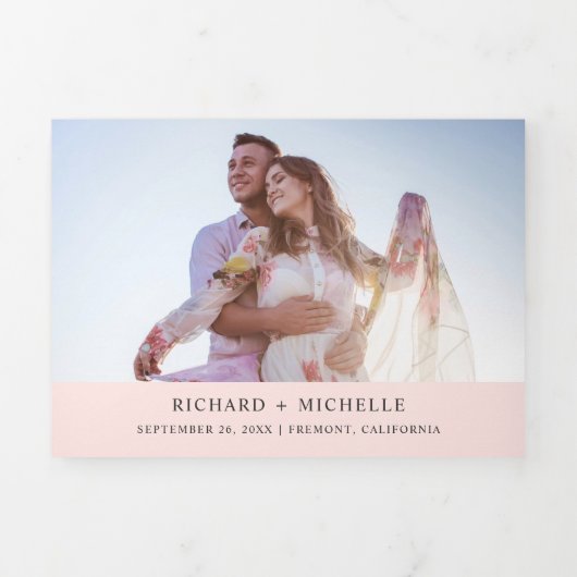 Blush roze groene palmbladeren krans foto bruiloft drieluik uitnodiging (Cover)