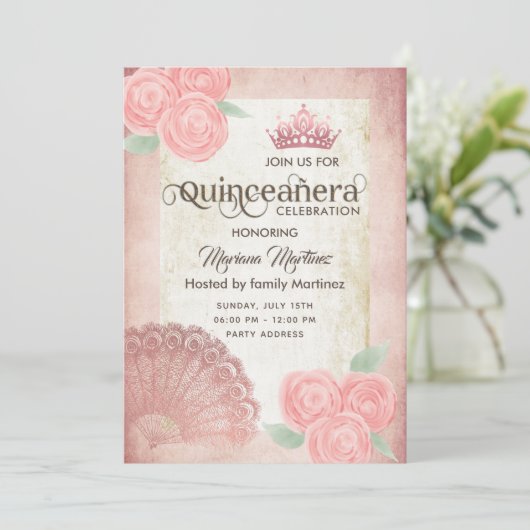  blush roze hand fan rozen tiara Quince Kaart (Staand voorkant)