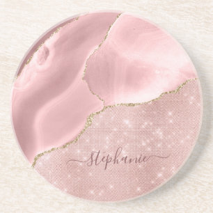 Blush roze handdruk sparkle Glam monogram Zandsteen Onderzetter