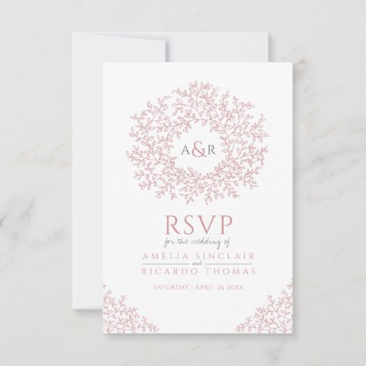 Blush roze handgetekbladmonogram RSVP bruiloft (Voorkant)