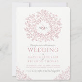 Blush roze handgetekende bladmonogram bruiloft kaart (Voorkant)