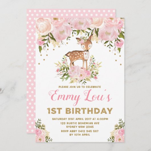 Blush Roze Herten 1e Verjaardag Waterverf Bloemen Kaart (Voorkant / Achterkant)