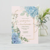 Blush Roze Hydrangea Waterverf Stoffig Blauw Bruil Kaart (Staand voorkant)