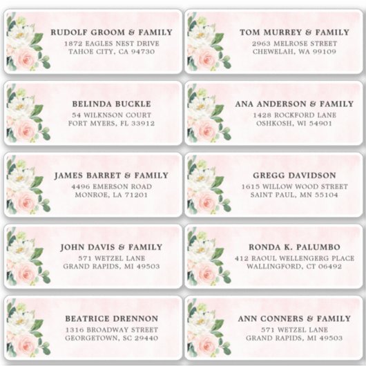 Blush Roze Ivoor Bloemen Bruiloft Gast Adres Sticker (Voorkant)