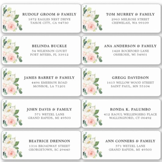 Blush Roze Ivoor Bloemen Bruiloft Gast Adres Sticker (Voorkant)