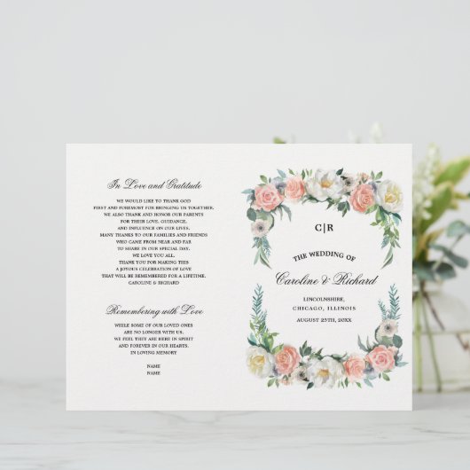 Blush Roze Ivoor Bloemen Bruiloft Programma (Staand voorkant)