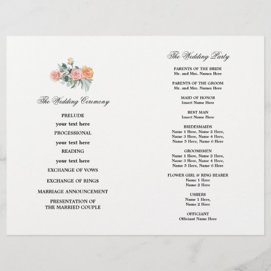 Blush Roze Ivoor Bloemen Bruiloft Programma (Achterkant)