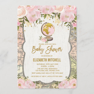 Blush Roze Kaart Baby shower Nodig Reisavontuur ui