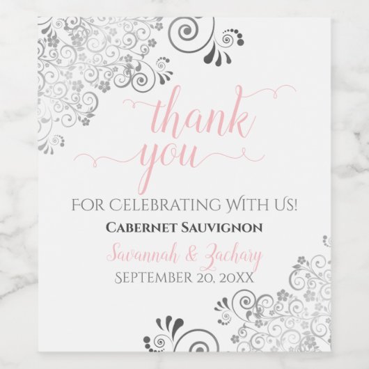 Blush roze kalligrafie Grijze kant bruiloft Dank j Wijn Etiket (Enkel label)