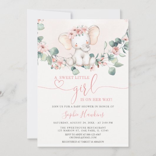 Blush Roze kleine meisjes Elephant Baby shower Kaart (Voorkant)