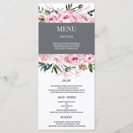 Blush roze koraal pioen bloemenzomer bruiloft Menu (Voorkant)