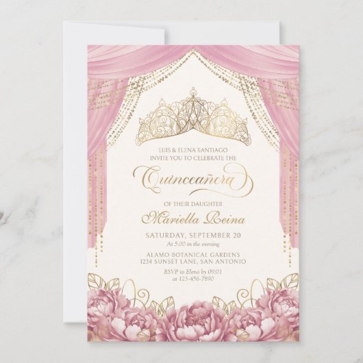 Blush roze kroon bloemen Quinceanera Kaart (Voorkant)