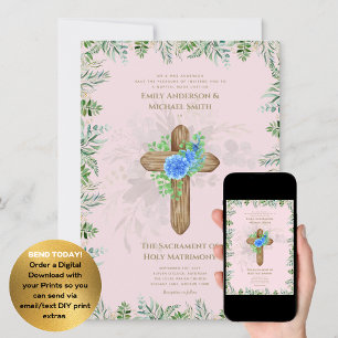 Blush Roze Kruis Katholieke Nuptial Mass Bruiloft Kaart