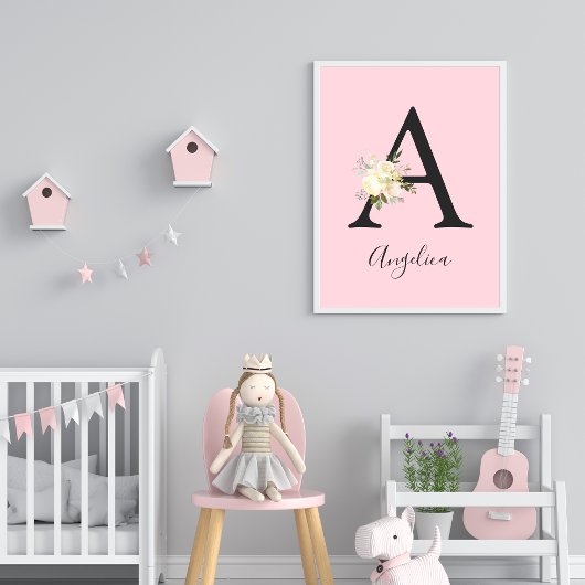 Blush roze letter 'A' Nursery Name Wall Art Poster