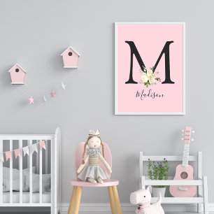 Blush roze letter 'M' Nursery Name Wall Art Poster