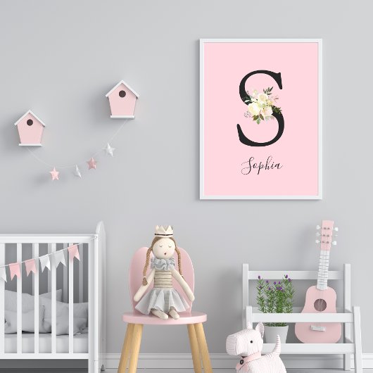 Blush roze letter 'S' Nursery Name Wall Art Poster