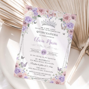 Blush Roze Lila Witte Bloemen Zilver Quinceañera Kaart