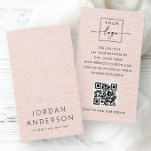 Blush roze linnen look logo QR code visitekaartjes
