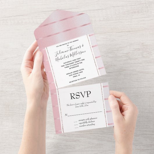 Blush roze lint bruiloft all in one uitnodiging (Afscheurbaar)