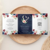 Blush Roze Marine Bourgondië Floral QR Code Bruilo Drieluik Uitnodiging