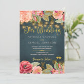 Blush roze marine gouden rozen typografie bruiloft kaart (Staand voorkant)