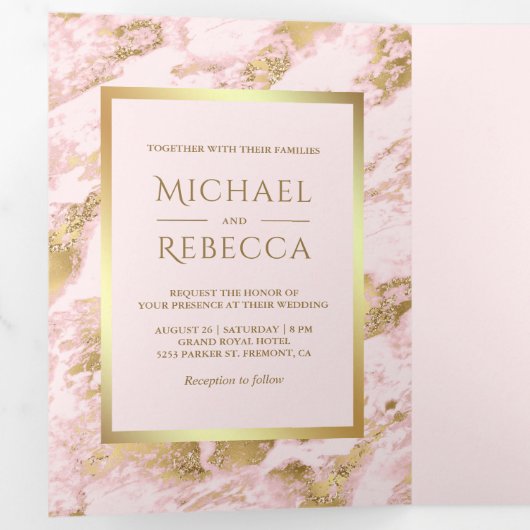 Blush Roze Marmer Faux Gouden Folie Foto Bruiloft Drieluik Uitnodiging (Binnenzijde eerst)