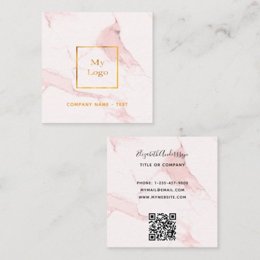 Blush roze marmer goudkleurige logo elegant QR-cod Vierkante Visitekaartje (Voorkant / Achterkant)