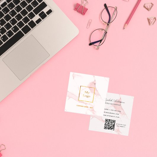 Blush roze marmer logo QR-code elegant Vierkante Visitekaartje
