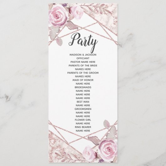 Blush Roze Marmeren Lijst Flora Trouwprogramma Programma (Achterkant)