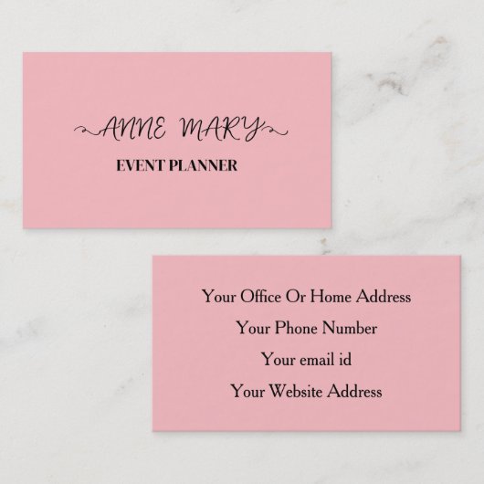 Blush Roze Meisje Kalligrafie Event Planner Eenvou Visitekaartje (Voorkant / Achterkant)
