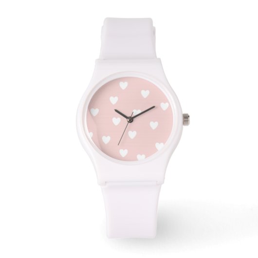 Blush roze met witte harten horloge (Voorkant)
