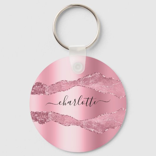 Blush roze metal agate marble name script sleutelhanger (Achterkant)