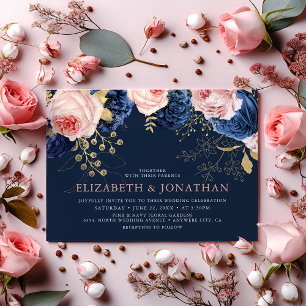 Blush Roze & Midnight Navy Bloemen Elegante bruilo Kaart