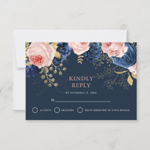 Blush Roze & Midnight Navy Bloemen Elegante bruilo RSVP Kaartje