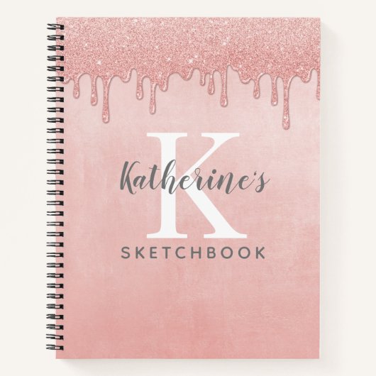 Blush roze monogram druppelaar Glitter Sketchbook Notitieboek (Voorkant)