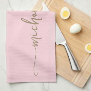 Blush Roze Monogram Naam Gouden Kalligrafie Script Theedoek