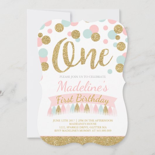 Blush roze munt en goud 1e verjaardag uitnodiging (Voorkant)