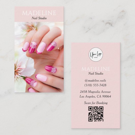 Blush Roze Nagelkunstenaar Logo Foto QR Code Visitekaartje (Voorkant / Achterkant)