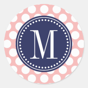Blush Roze & Navy Big Polka Dots Monogram Ronde Sticker