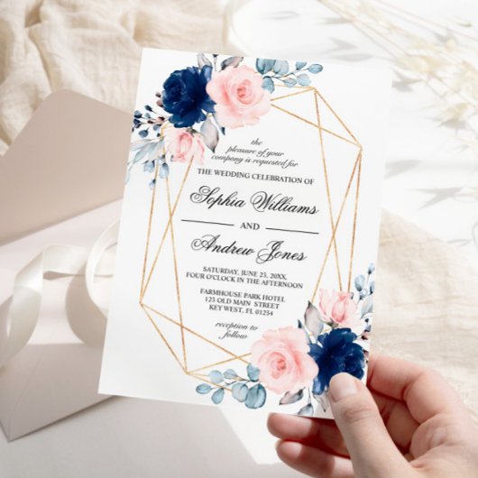 Blush Roze & Navy Blue Floral Wedding Invitation Kaart
