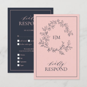 Blush Roze Navy Blue Monogram Weddenschap RSVP-kaa RSVP Kaartje